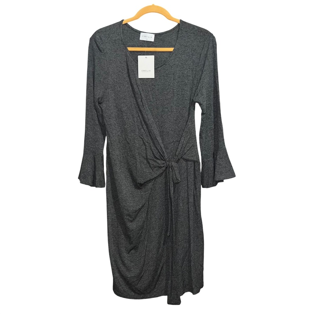 Emelia Charcoal Grey Knit Wrap Bell‎ Sleeve Midi Dress Medium Workwear Stylish